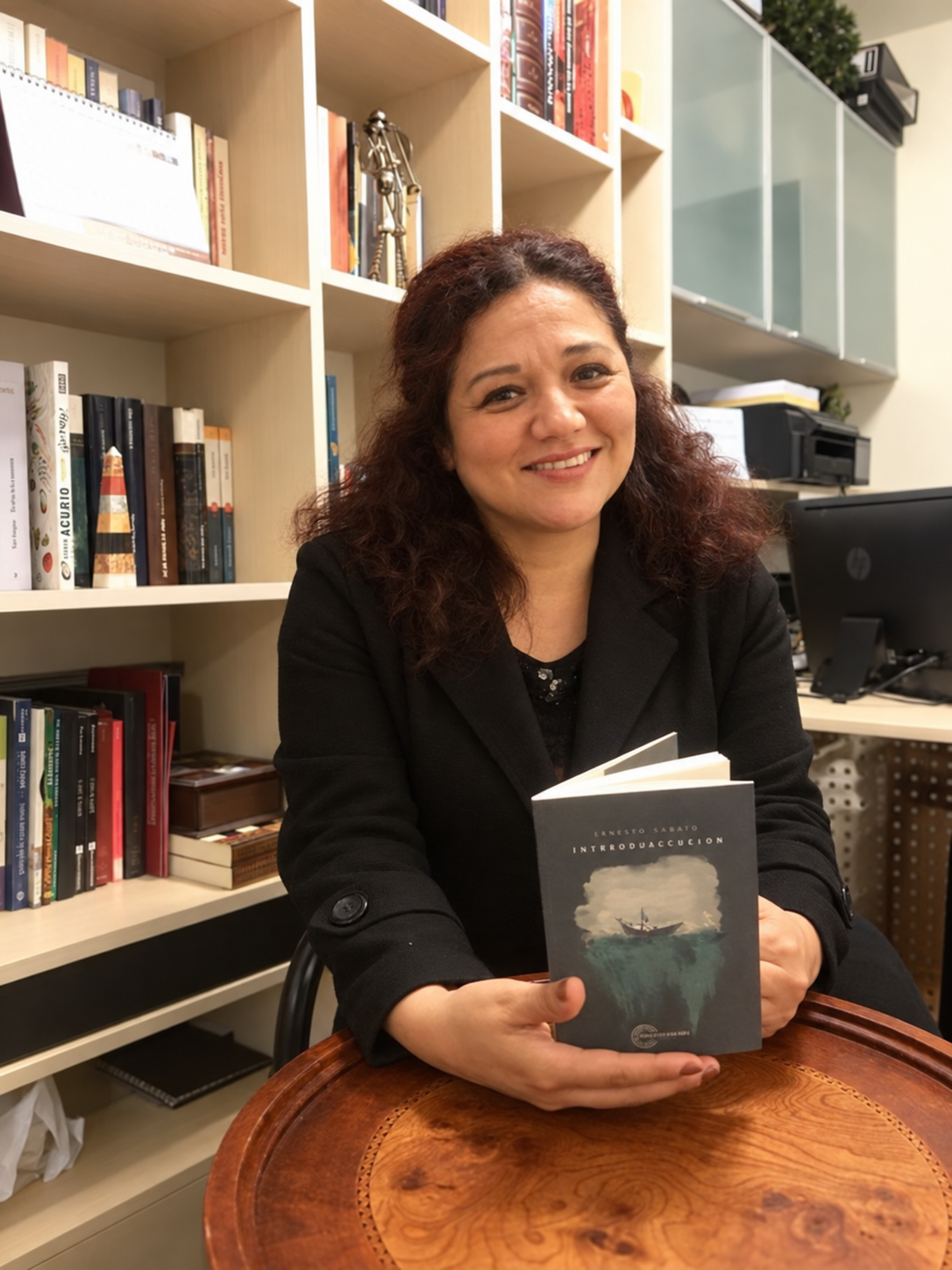 Katherine Estrada Aguirre en su espacio de trabajo sosteniendo un libro